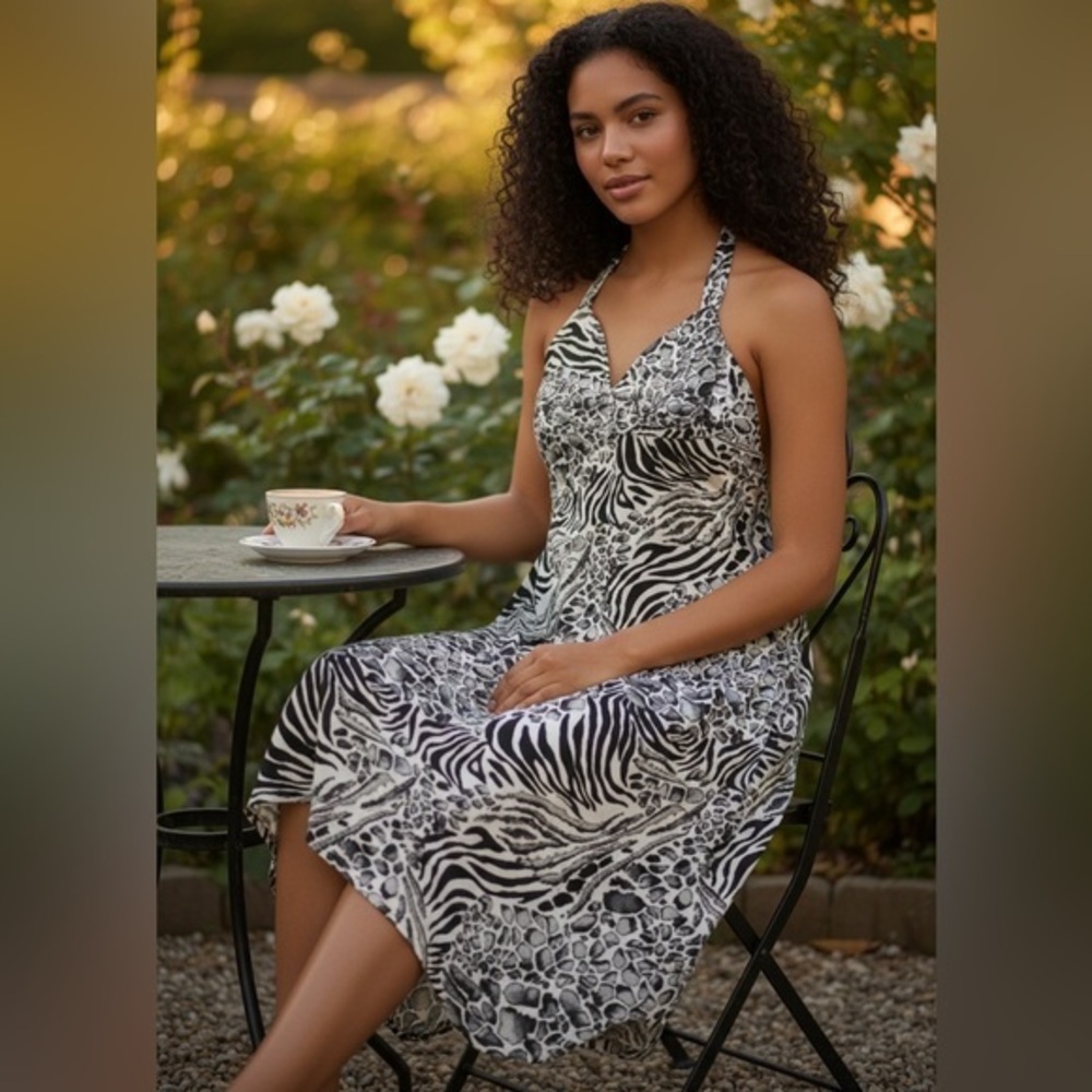 Grass Collection Animal Print Tie Around Neck Dress